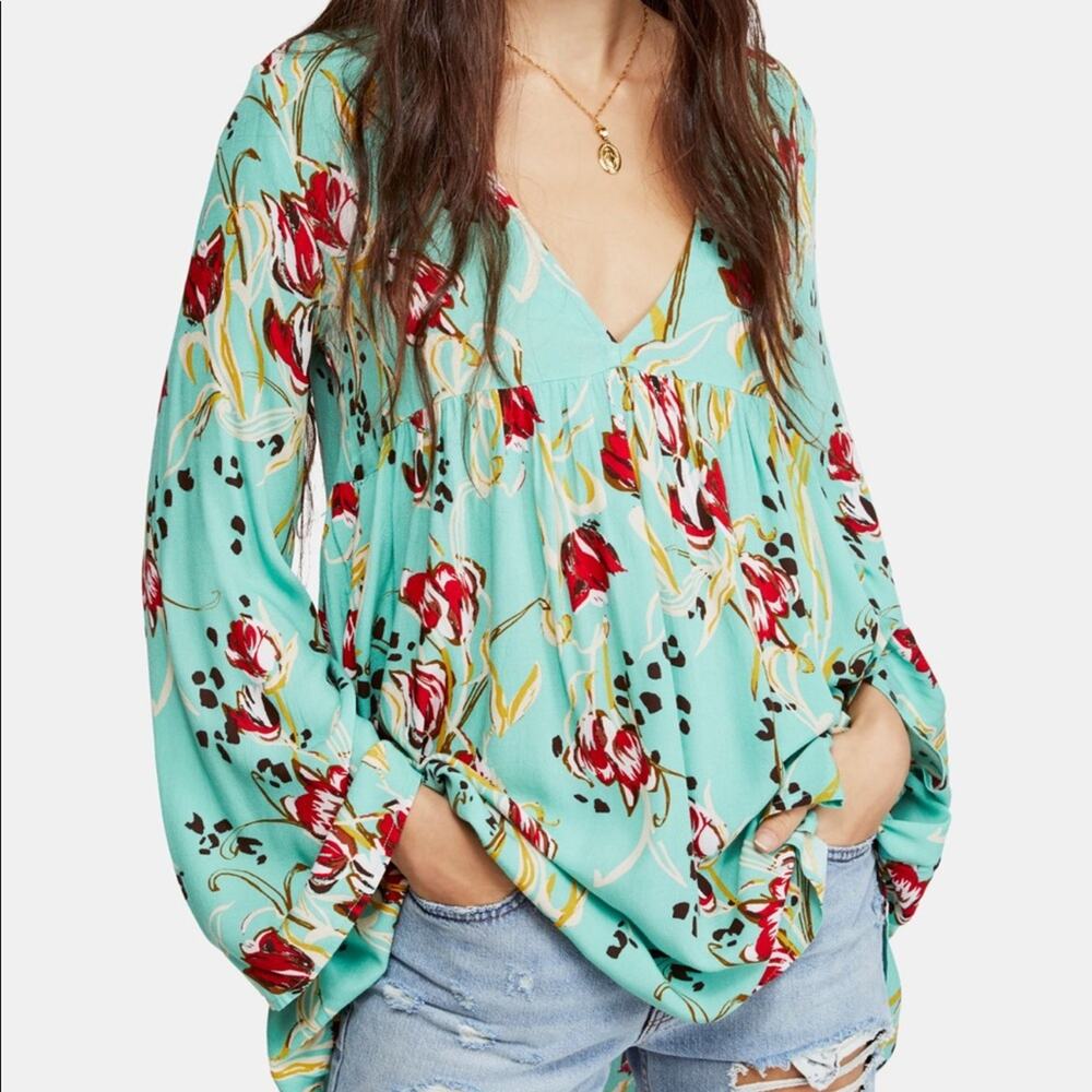 Free People floral tunic bell sleeve blouse size small green